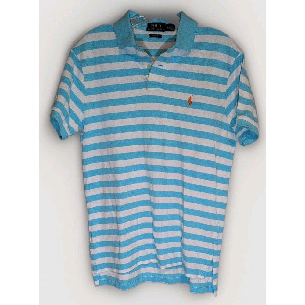 Polo Ralph Lauren Blue and White Striped Short Sleeve Cotton Polo Shirt Men's M
